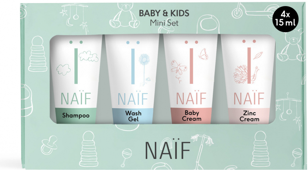 Naif Baby & Kids zjemňující tělové mléko pro dětskou pokožku 15 ml + výživný šampon na vlasy a vlasovou pokožku 15 ml + mycí gel pro děti 15 ml + pečující krém pro děti 15 ml dárková