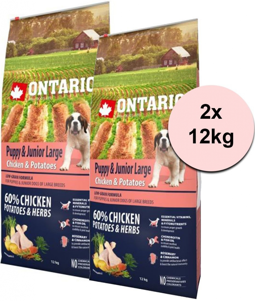 Ontario Puppy & Junior Large Chicken & Potatoes & Herbs 2 x 12 kg