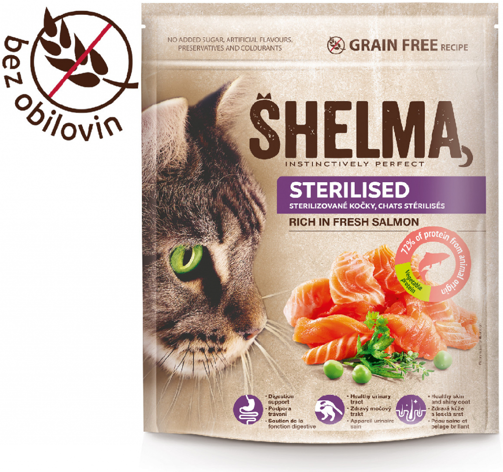 Shelma Sterille bezobilné granule s čerstvým lososem pro dospělé kočky 750 g