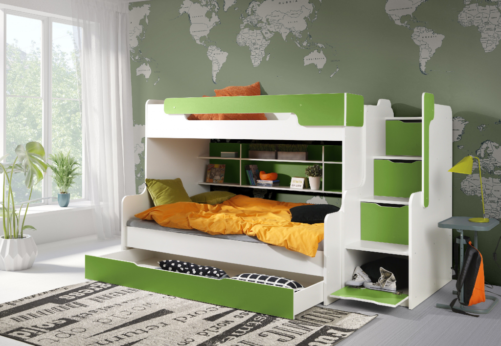 DP - Detske postele Harry Kombinovaná patrová s rozšířeným spodním lůžkem bílá / zelená