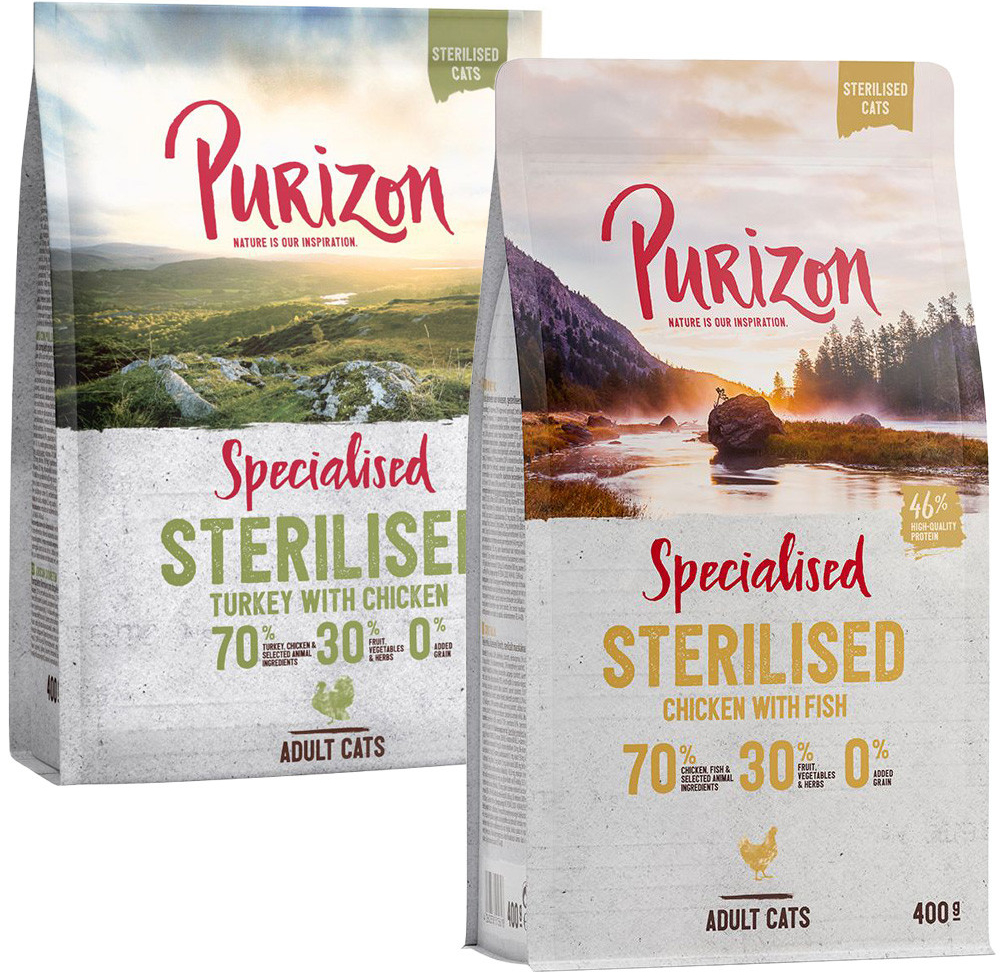 Purizon bezobilné Sterilised Adult krůtí & kuřecí a Sterilised Adult kuřecí & ryba 2 x 400 g