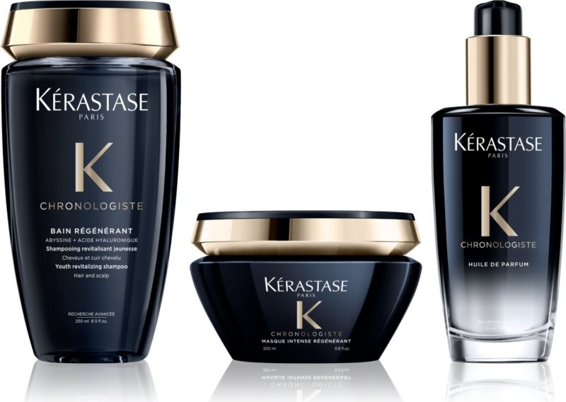 Kérastase Chronologiste posilující a revitalizující šampon proti stárnutí 250 ml + hydratační a vyživující olej na vlasy s parfemací 100 ml + revitalizační maska proti příznakům stárnutí