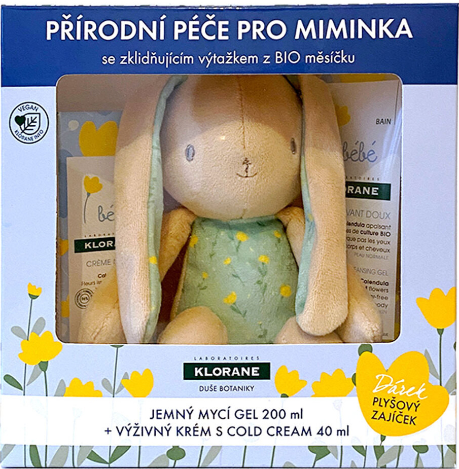 Klorane Bebe jemný pěnivý gel 500 ml + hydratační mléko 75 ml + zajíc dárková sada