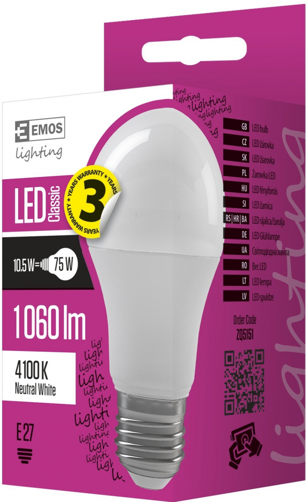 Emos LED žárovka Classic A60 10,5W E27 neutrální bílá