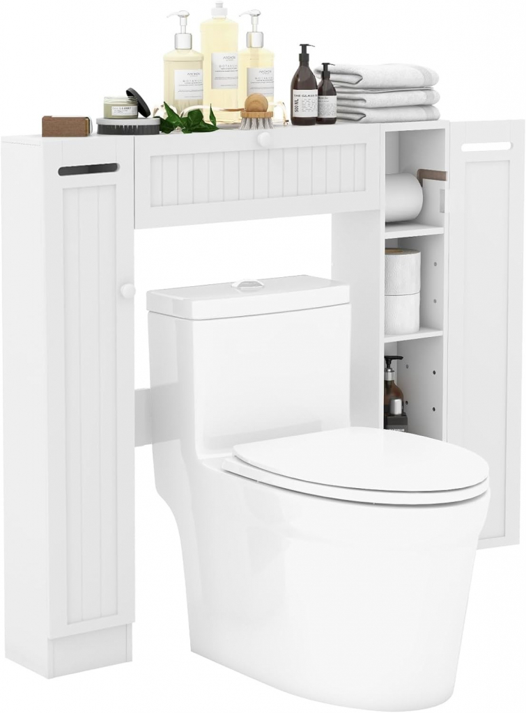 COSTWAY Toaletní skříňka bílá, horní skříňka do koupelny, stojan na WC s držákem toaletního papíru, koupelnová polička dřevo, koupelnová skříňka volně stojící 89x18x99cm