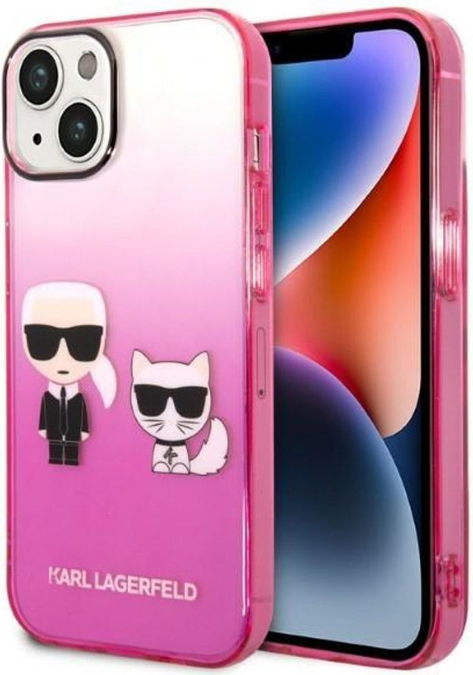 Pouzdro Karl Lagerfeld Gradient Karl and Choupette iPhone 14 Plus růžové