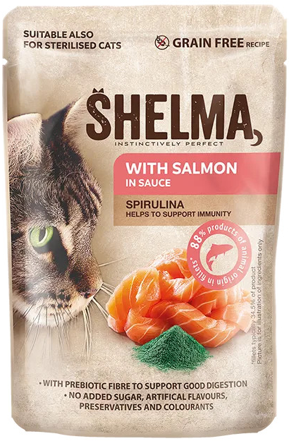 Shelma bezobilné dušené filetky s lososem a spirulinou v omáčce 28 x 85 g