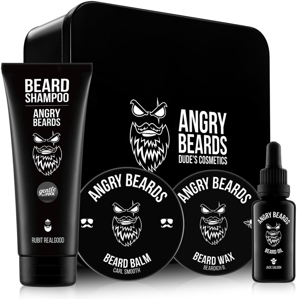 Angry Beards Jack Saloon olej na vousy 30 ml + balzám na vousy 50 ml + vosk na vousy 30 ml + šampon na vousy 250 ml dárková sada