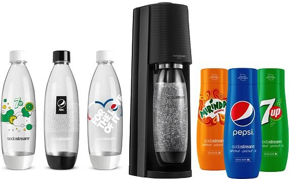 SodaStream Terra Black + láhve FUSE 3 x 1l + Sirup Pepsi 440 ml + Sirup Mirinda 440 ml + Sirup 7UP 440 ml