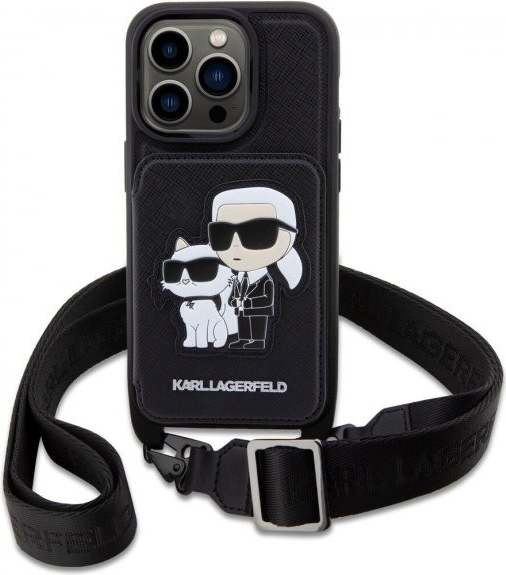 Pouzdro Karl Lagerfeld Saffiano Crossbody Karl and Choupette NFT s nastavitelným popruhem iPhone 14 Pro - černé