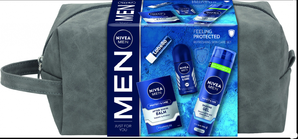 Nivea Men balzám po holení 100 ml + gel na holení 200 ml + kuličkový antiperspirant 50 ml + balzám na rty 4,8 g + kosmetická taška dárková sada