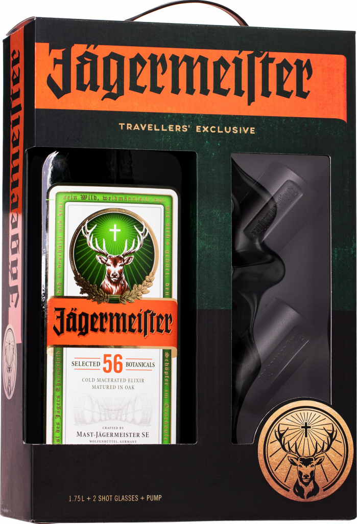Jägermeister 35% 1,75 l (dárkové balení 2 sklenice + pumpa)