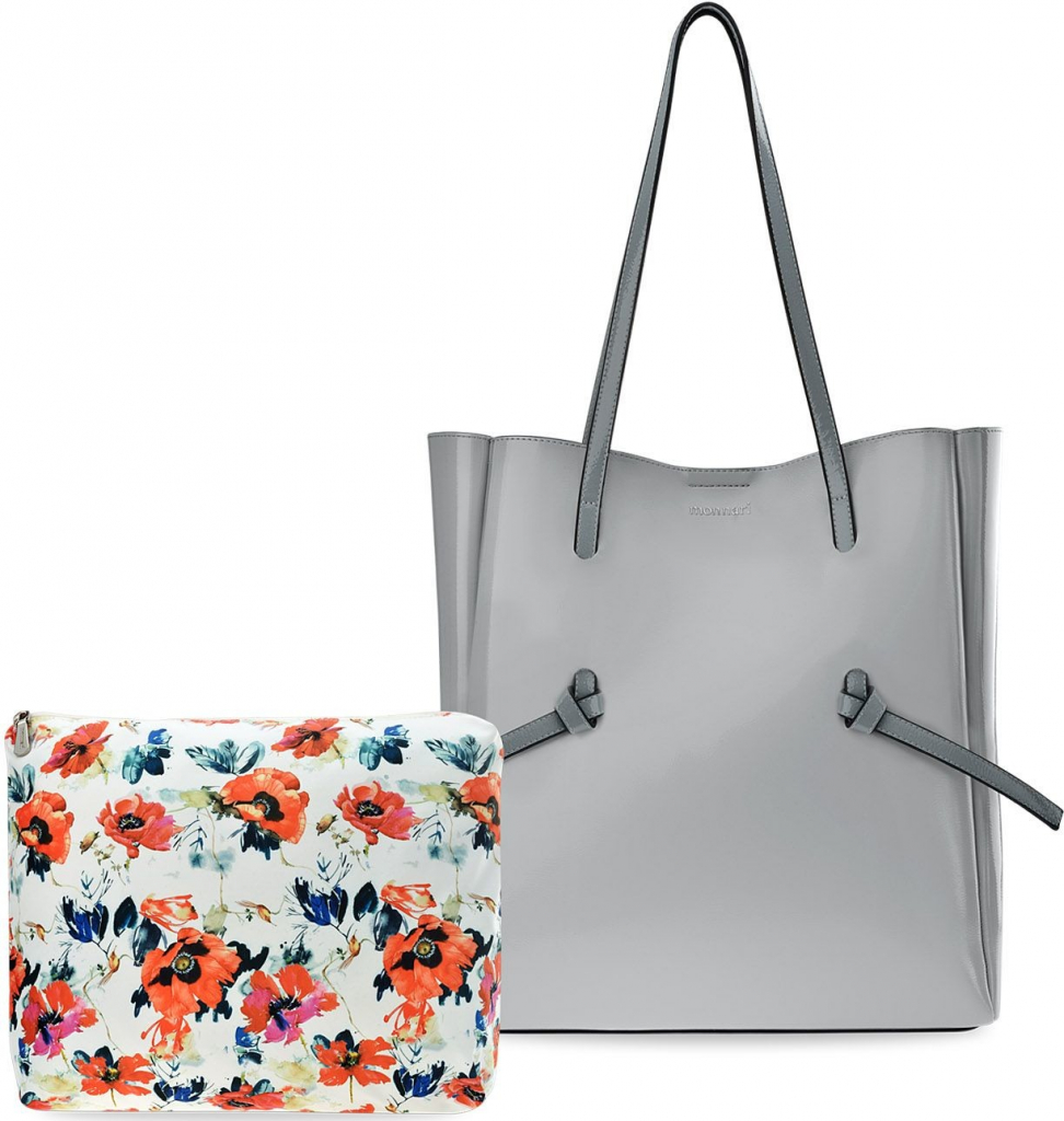 Monnari lakovaná dámská kabelka prostrona shopperka s originálními úchyty + organizér květy šedý