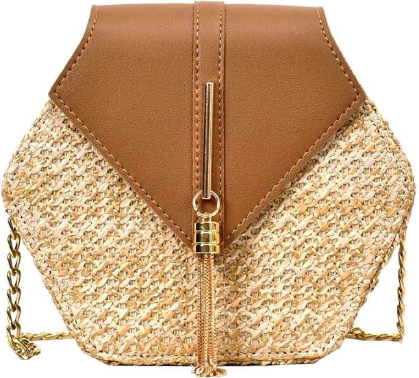 Elegantní Ekologická Slaměná kabelka s Kovovým Řetízkem Zlaté Kování 20x18x7 cm