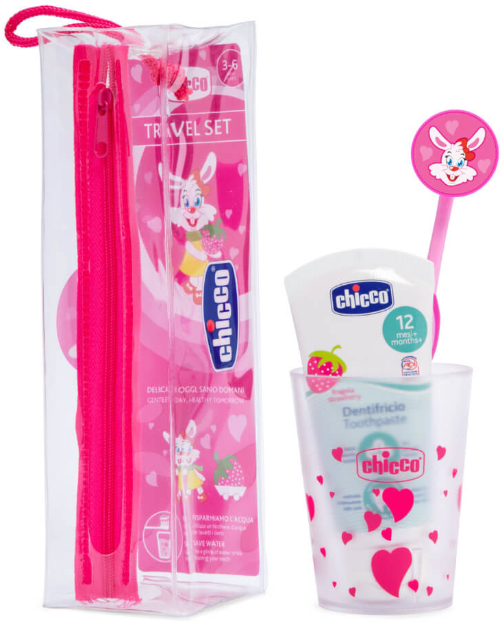 Chicco SET Cestovní sada zubní pasta + zubní kartáček + kelímek + pouzdro 3-6 l modrá