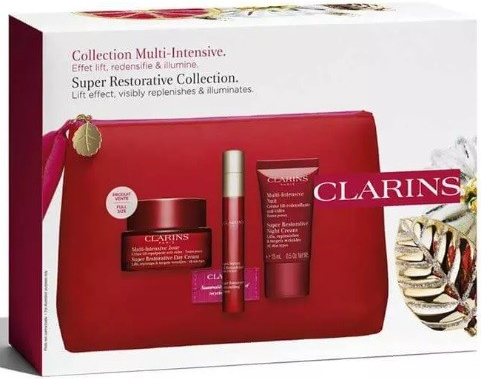 Clarins Super Restorative denní krém pro všechny typy pleti 50 ml + noční krém pro všechny typy pleti 50 ml + aktivní sérum pro vyhlazení kontur obličeje 10 ml + kosmetická taštička