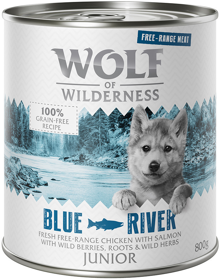 Wolf of Wilderness Free-Range Meat Junior Junior Blue River kuřecí a losos 12 x 0,8 kg