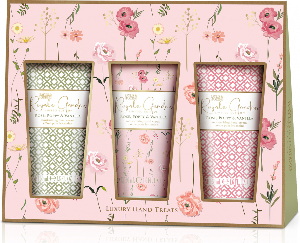 Baylis & Harding Royale Garden Luxury Hand Treats krém na ruce Royale Garden Royale Garden Rose, Poppy & Vanilla 3 x 50 ml dárková sada