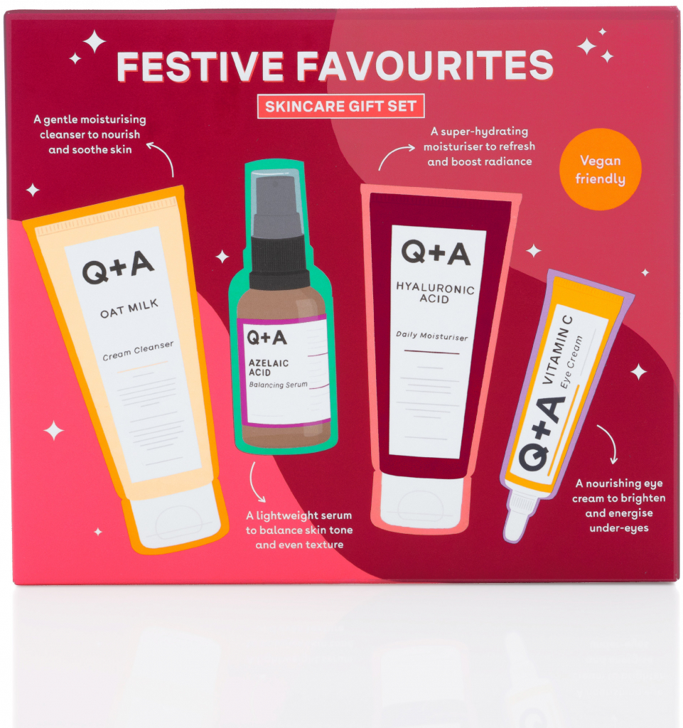 Q+A Festive Favourites Skincare Gift Set dárková kazeta pro ženy čisitcí krém Oat Milk Cream Cleanser 75 ml + pleťové sérum Azelaic Acid Balancing Serum 30 ml + pleťový krém Hyaluronic