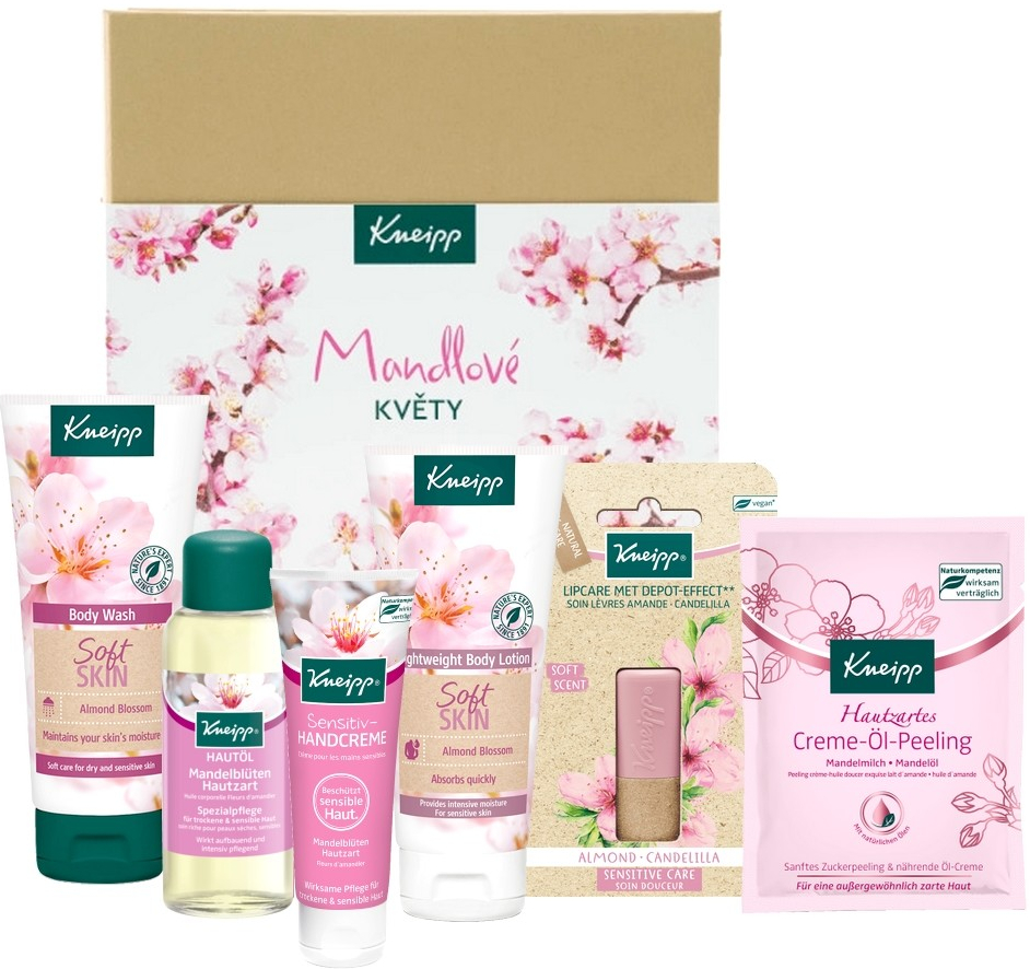 Kneipp Mandlové květy sprchový gel 200 ml + tělové mléko 200 ml + krém na ruce 75 ml + tělový peeling 40 ml + balzám na rty 4,7 g + tělový olej 100 ml dárková sada