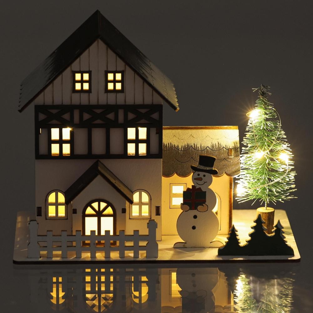 Retlux Vánoční dekorace DOMEK SE SNĚHULÁKEM RXL 465 dřevo WW 7 LED 2 x LR44