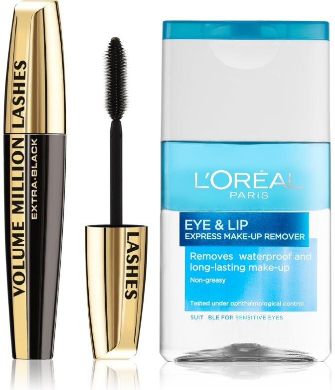 L’Oréal Paris Beauty Set Volume Million Lashes Black řasenka pro prodloužení a zahuštění řas 9 ml + Skin Perfection dvoufázový odličovač na oční okolí a rty 125 ml