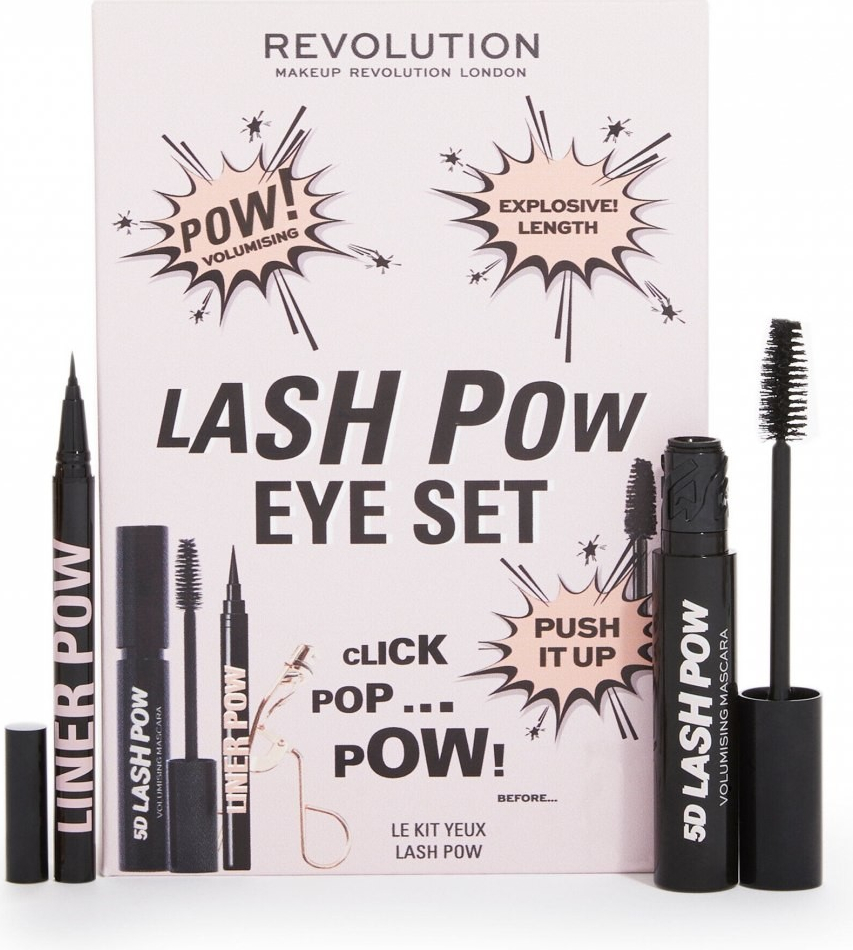 Makeup Revolution London Lash Pow Eye odstín Super Black řasenka 5D Lash Pow Mascara 12,2 ml + oční linky Liner Pow 0,5 ml Black + kleštičky na řasy dárková sada