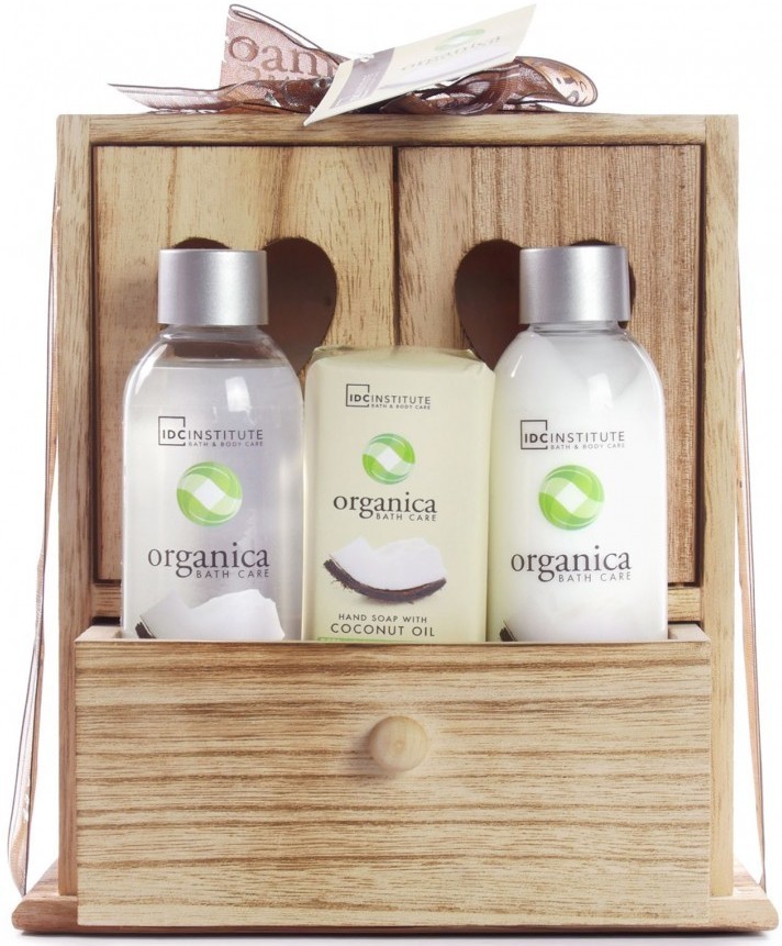 Idc Institute Organica Coconut Oil sprchový gel 120 ml + tělové mléko 120 ml + mýdlo 90 g v dřevěné krabičce dárková sada