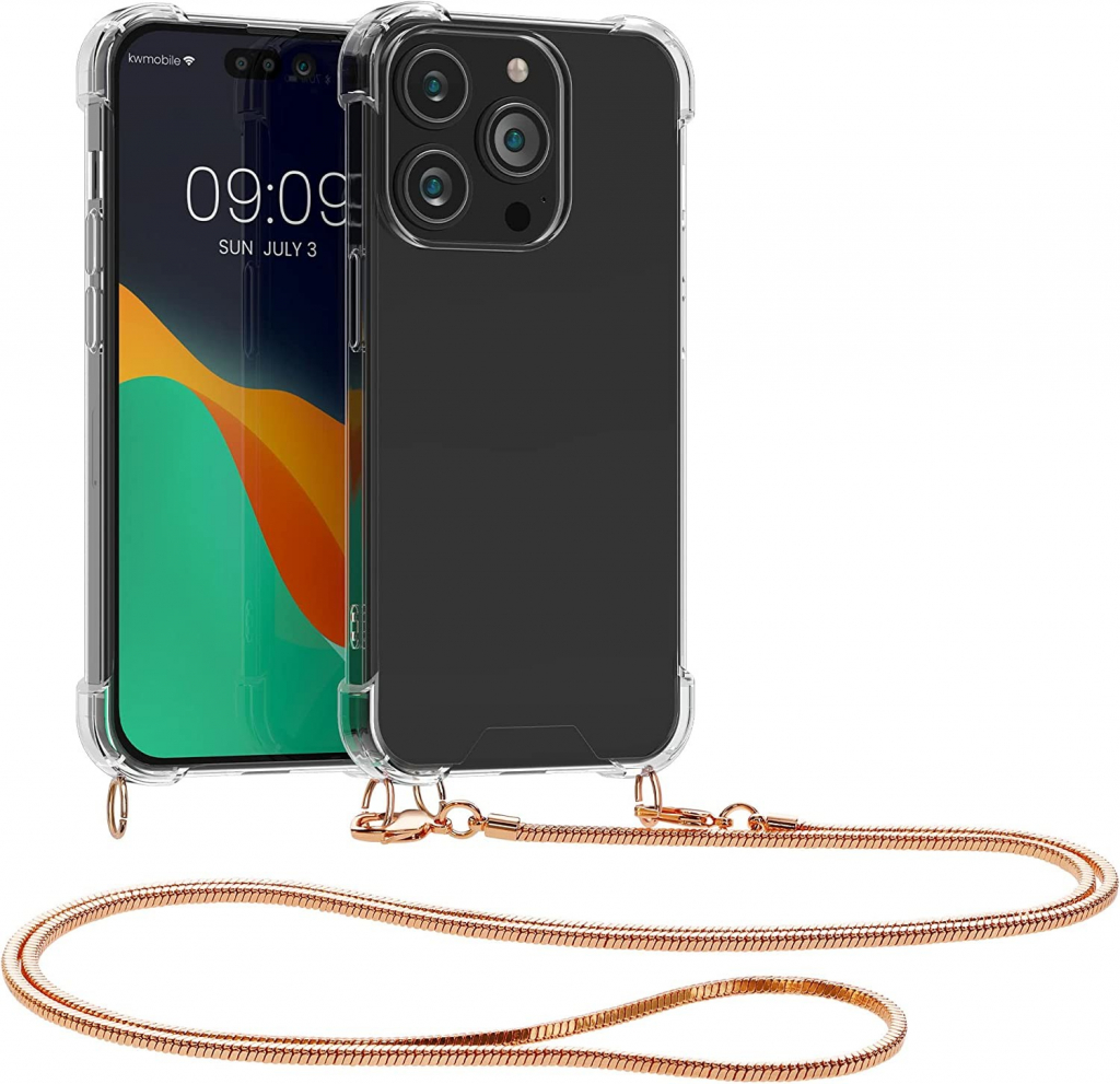 Pouzdro kwmobile Pevné silikonové Crossbody Apple iPhone 14 Pro čiré s kovovým popruhem přes rameno nebo na krk - Rose Gold