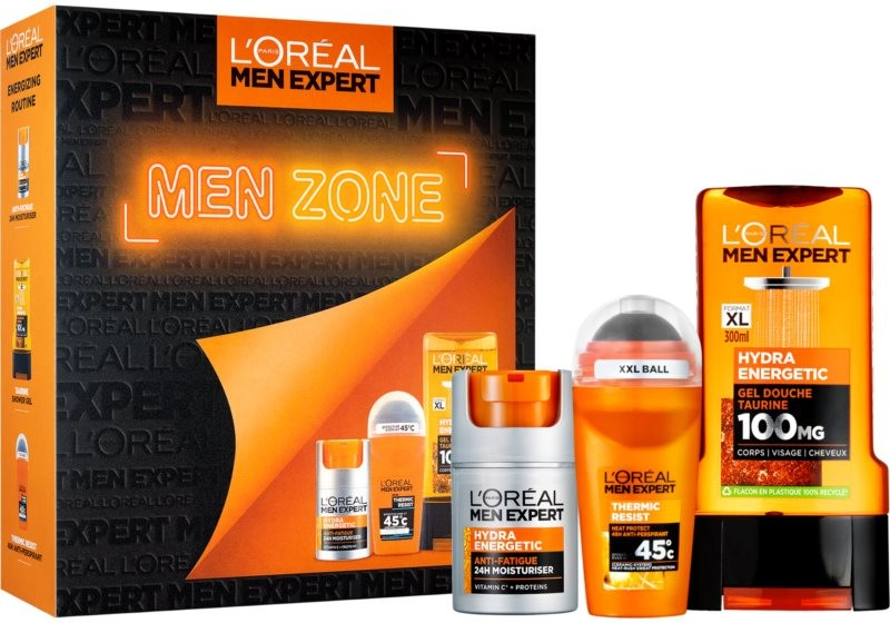 L’Oréal Paris Men Expert hydratační krém proti známkám únavy 50 ml + antiperspirant roll-on 50 ml + stimulující sprchový gel 300 ml