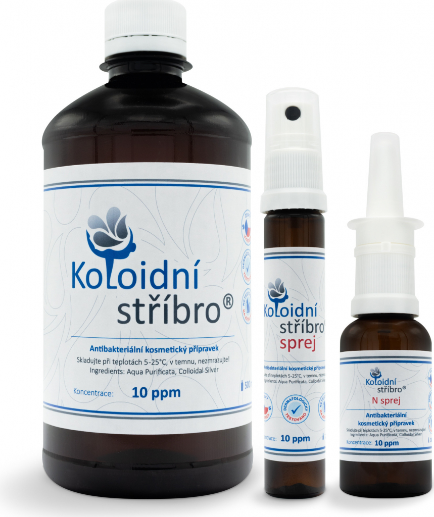 Koloidní stříbro s.r.o. | Koloidní stříbro 500 ml + 25 ml sprej + 30 ml N sprej 10 ppm dárková sada