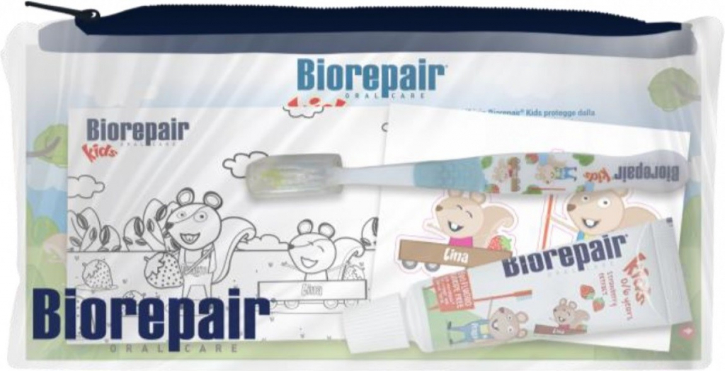 Biorepair Kids zubní kartáček 1 ks + zubní pasta s jahodovou příchutí pro děti 0-6 let 15 ml + taštička dárková sada