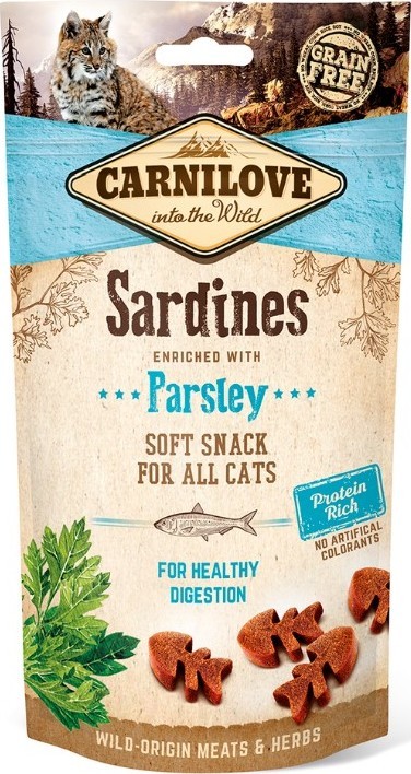 Carnilove Cat poloměkké pamlsky pro zdravé trávení koček se sardinkou a petrželí 50 g