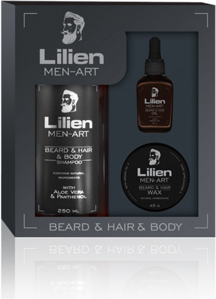 Lilien Men-Art Beard & Hair & Body Black univerzální šampon 250 ml + vyživující olej 50 ml + stylingový vosk na vlasy a vousy 45 g dárková sada