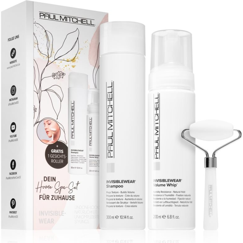 Paul Mitchell Invisiblewear masážní váleček na obličej + Invisiblewear hloubkově čisticí šampon pro unavené vlasy bez lesku 300 ml + Invisiblewear luxusní objemová pěna 200 ml dárková