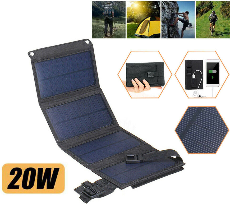 Moonoow Skládací solární panel Power Bank Outdoor Camping Hiking USB 20W IP65 vodotěsný černý