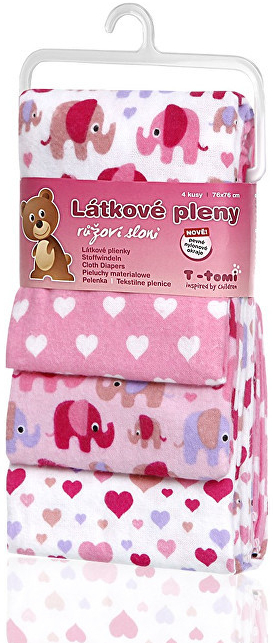 T-tomi Látkové pleny 76 x 76 Pink elephants / růžoví sloni 4 ks