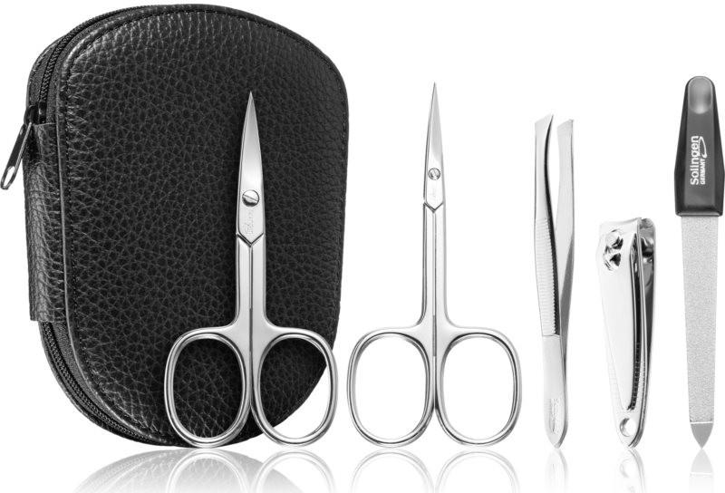 DuKaS Premium Line Solingen nůžky na nehty 1 ks + nůžky na nehtovou kůžičku 1 ks + pinzeta šikmá 1 ks + safírový pilník 8 cm + kleštičky na nehty 1 ks