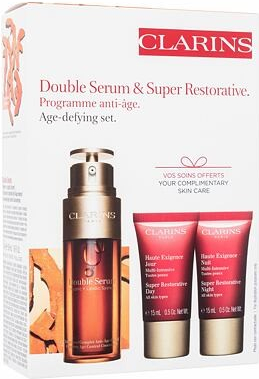 Clarins Double Serum & Super Restorative Age-Defying pleťové sérum Double Serum 50 ml + denní pleťový krém Super Restorative Day 15 ml + noční pleťový krém Super Restorative Night 15