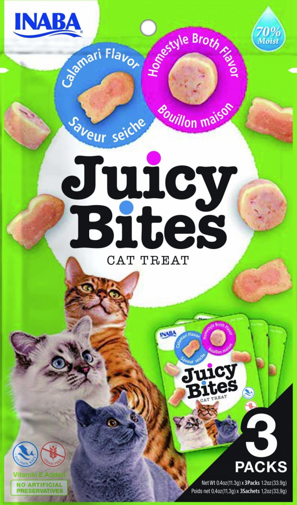 INABA Cat Juicy Bites s příchutí domácího vývaru a kalamárů 3 x 11,3 g