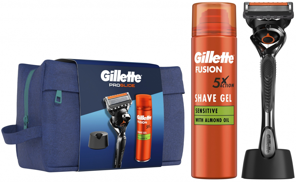Gillette Cestovní sada ProGlide holicí strojek + Fusion gel na holení 200 ml + stojan