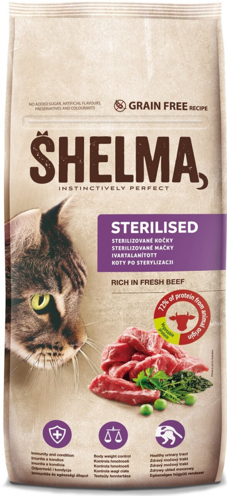 Shelma Bezobilné granule pro kočky STERILISED s čerstvým hovězím 8 kg