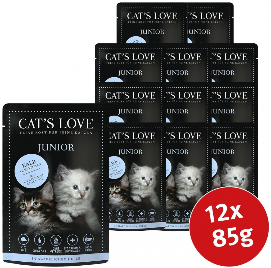 Cat\'s Love Junior s telecím masem vaječnými skořápkami a lososovým olejem 12 x 85 g