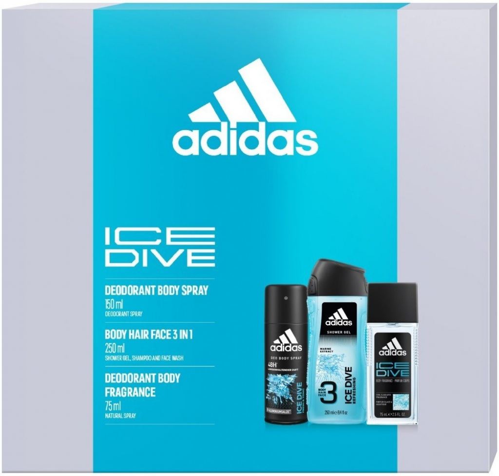 Adidas Ice Dive deodorant sklo 75 ml + sprchový gel 250 ml + deospray 150 ml dárková sada