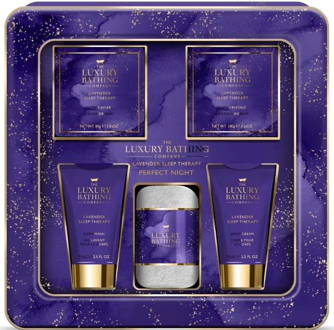 Grace Cole Lavender Sleep Therapy mycí gel 75 ml + tělový krém 75 ml + krystaly do koupele 100 g + perly do koupele 80 g + flanelová žínka + plechová krabička dárková sada