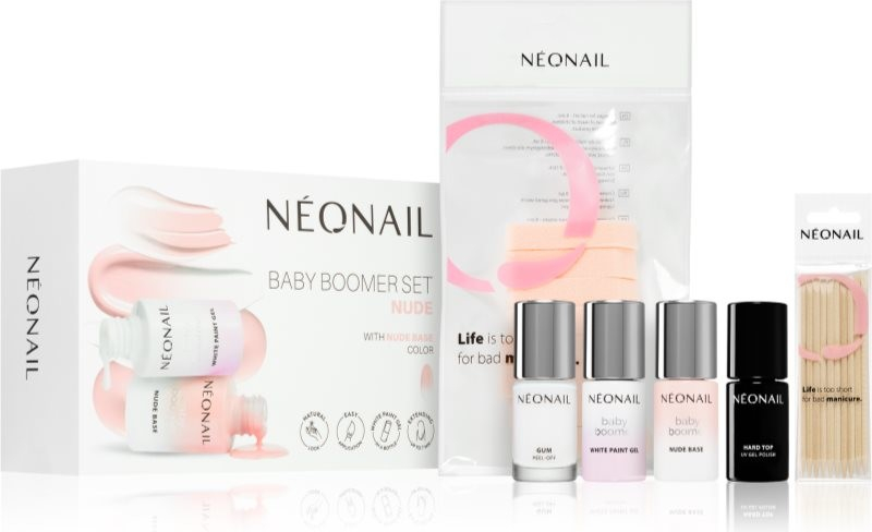 NeoNail Baby Boomer Baby Boomer Nude Base podkladový lak pro gelové nehty 7,2 ml + Baby Boomer White Paint Gel gelový lak na nehty 6,5 ml + Gum Peel-Off ochranný gel na nehtovou kůžičku