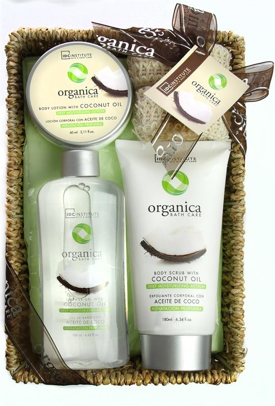 Idc Institute Organica Coconut Oil sprchový gel 188 ml + tělové mléko 180 ml + tělový peeling 60 ml + sisalová houbička v košíku dárková sada