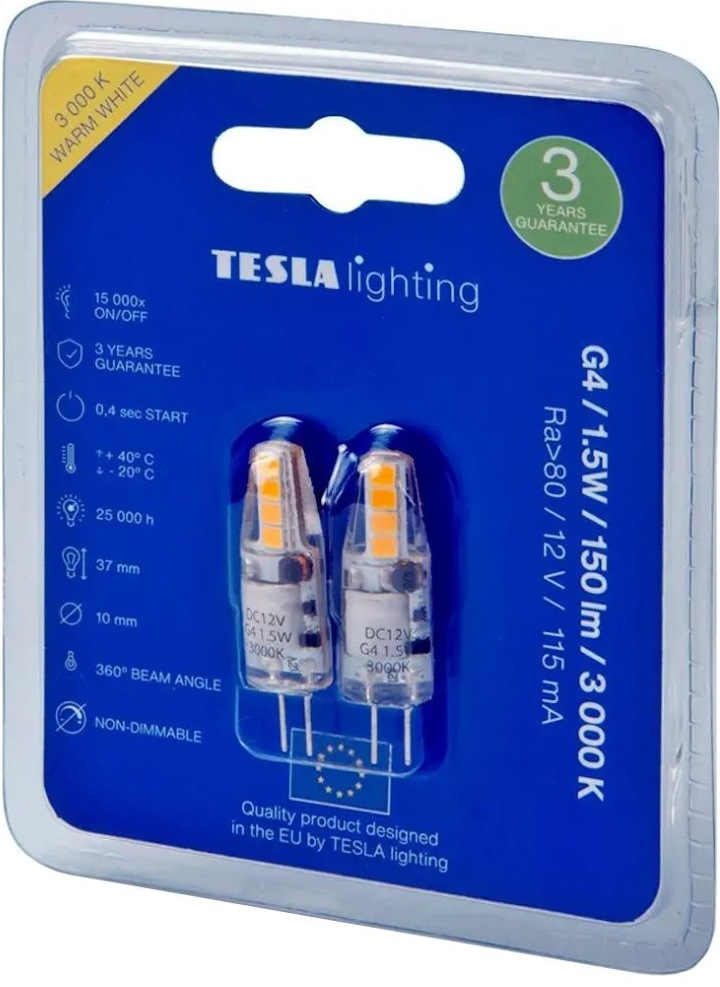 TESLA LED žárovka G4/ 1,5W/ 12V DC/ 150lm/ 3000K/ teplá bílá 2pack
