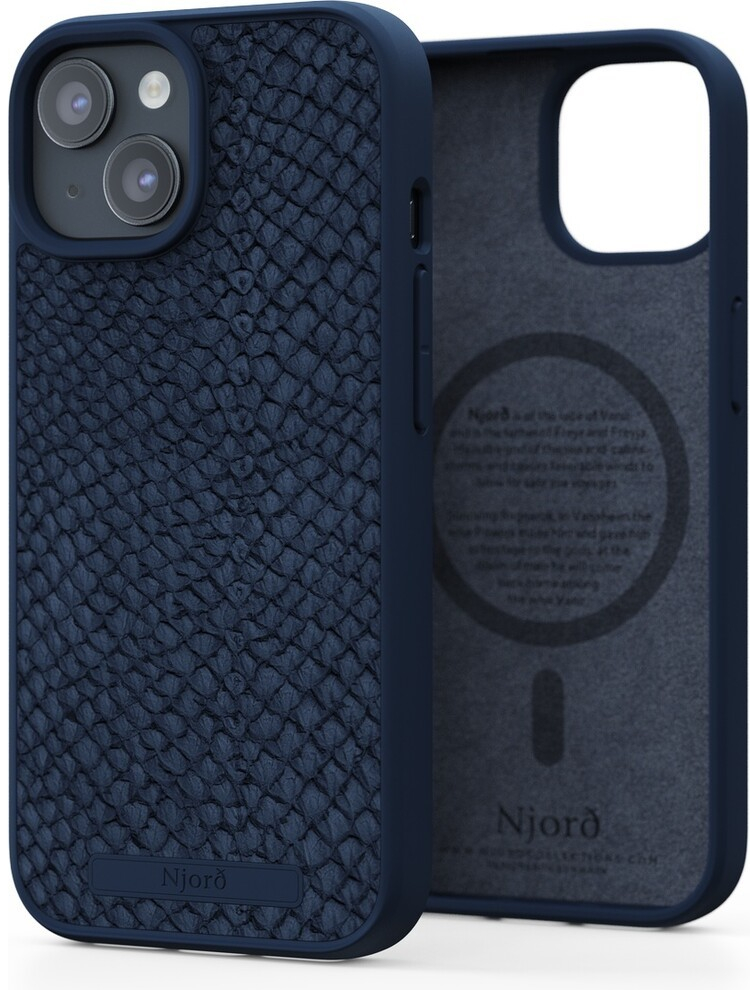 Pouzdro NJORD Salmon Leather Magsafe iPhone 15 modré