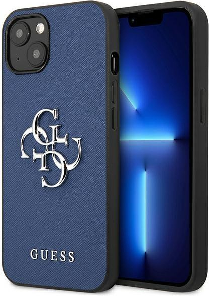 Pouzdro Guess iPhone 13 mini Saffiano 4G Metal Logo modré